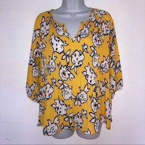 Pleione Pleated Chiffon Tunic Top Yellow White S